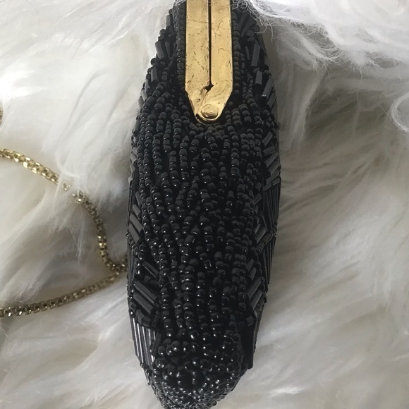 Black beaded Ladies Essentials mini purse with kiss closure and gold color chain - Picture 7 of 9